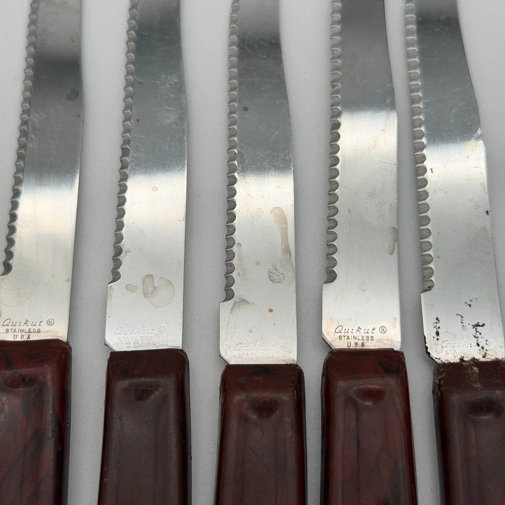 Vintage Quikut Stainless Steel Steak Knives Set of 5 Faux Tortoise Shell USA